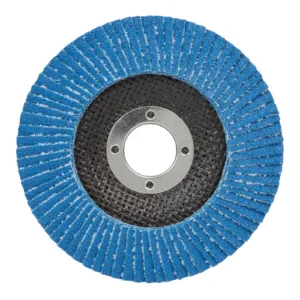 Blue abrasive flap disc wheel close-up.