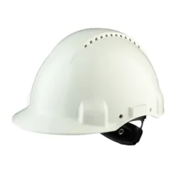White construction safety helmet on white background.