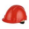 Red construction safety helmet isolated on white background.