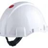 White safety helmet with red sticker