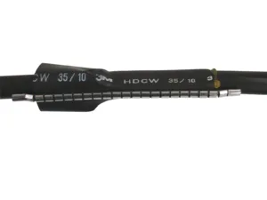 Close-up of black cable with metallic connectors.