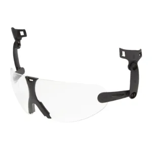 Clear safety eyewear with adjustable black arms.