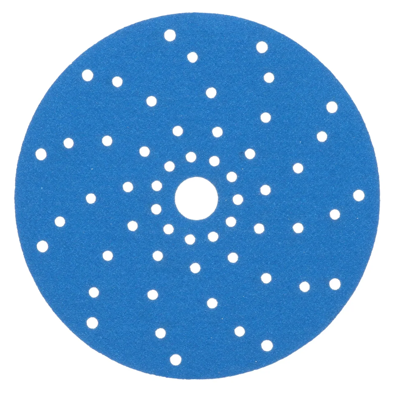 Blue sanding disc with multiple holes, center cutout.