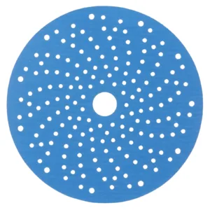 Round blue abrasive sanding disc with perforations