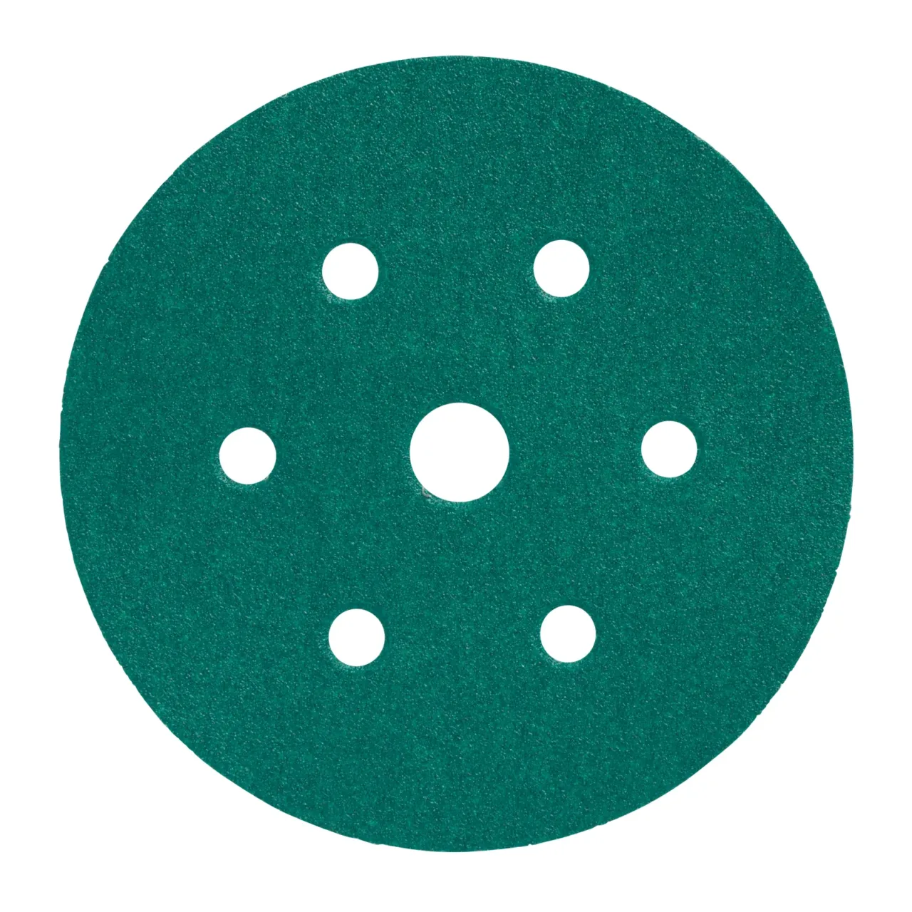 Circular green sanding disc with seven holes.