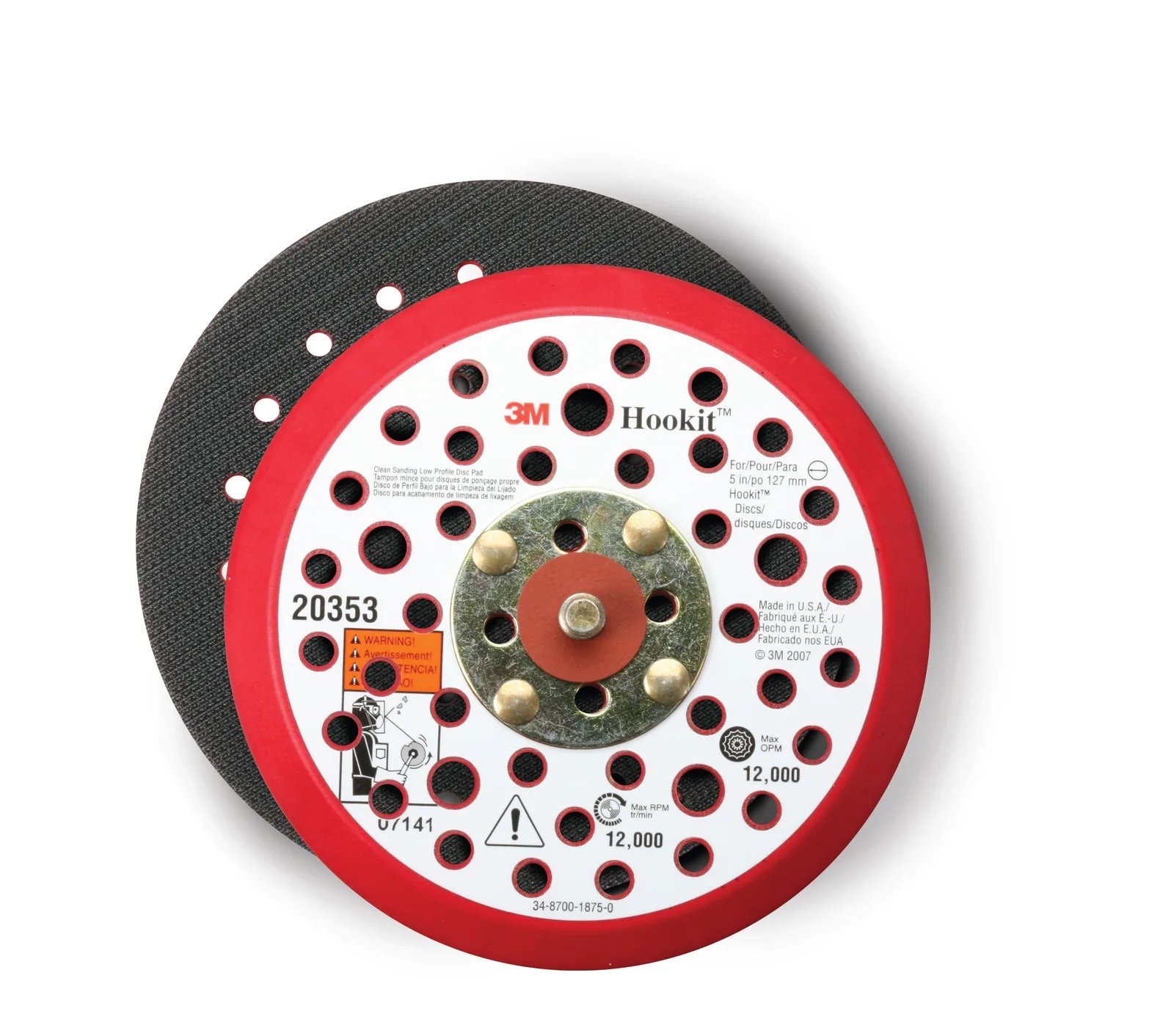 3M Hookit sanding disc, red and white design.