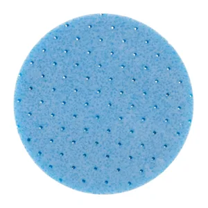 Close-up of blue perforated circle shower head.