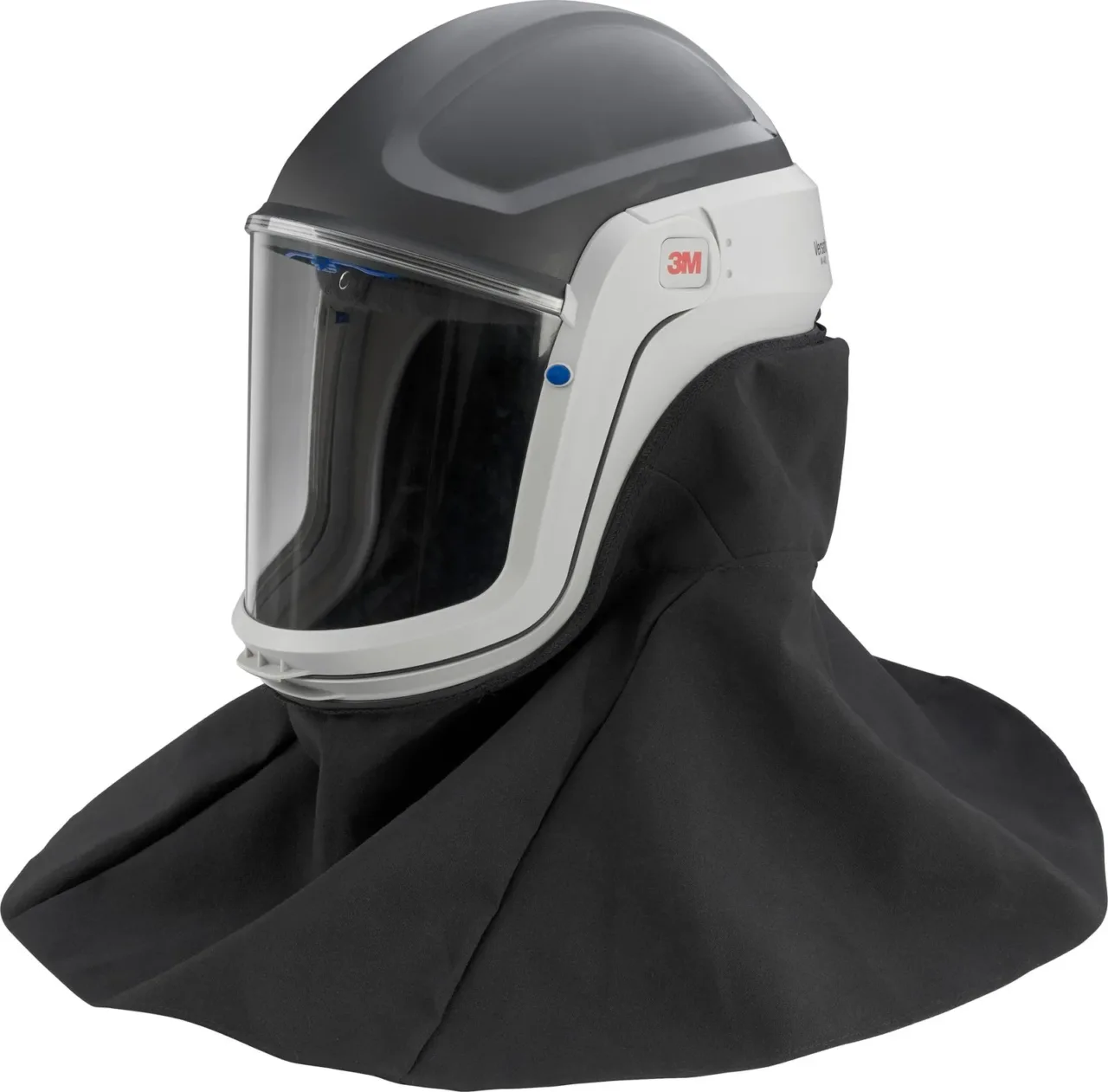 Protective helmet with clear visor and black shroud.