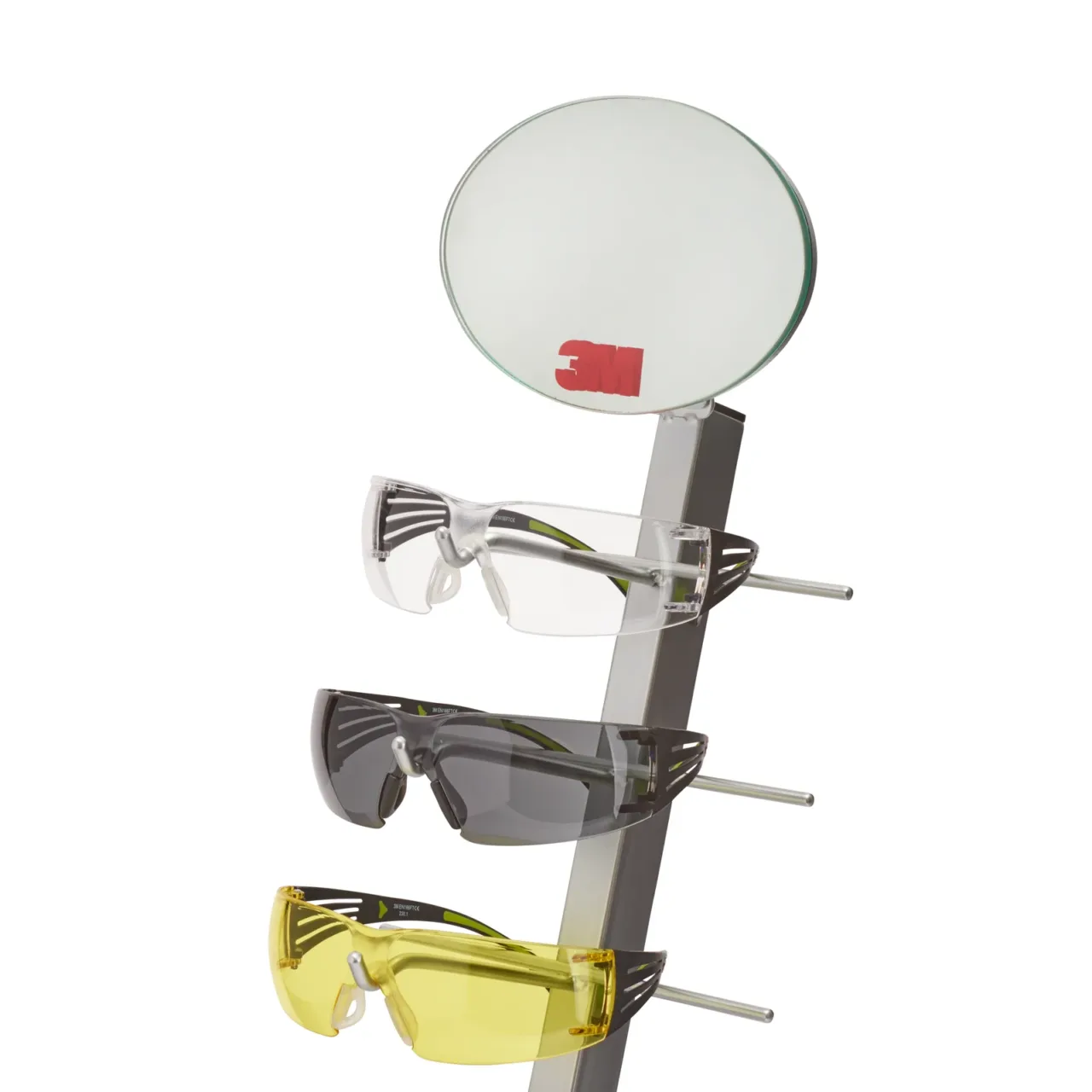 Display of three colored safety glasses