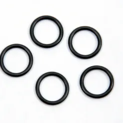 Five black O-rings on white background