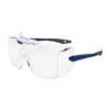 Clear safety glasses with blue and black frames.