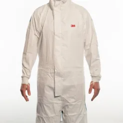 Person wearing white protective coverall suit