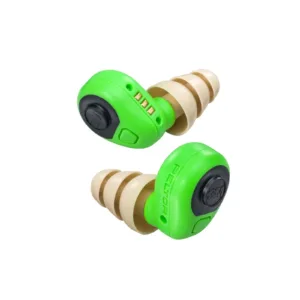 Green electronic earplugs with beige tips