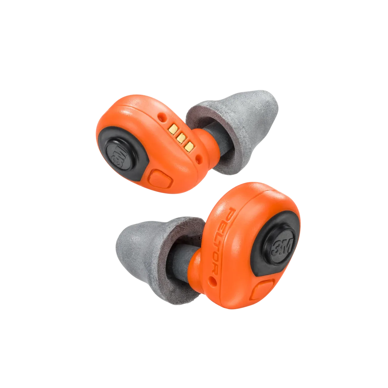 Orange Peltor earbuds with gray foam tips.
