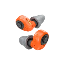 Orange Peltor earbuds with gray foam tips.