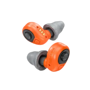 Orange Peltor earbuds with gray foam tips.