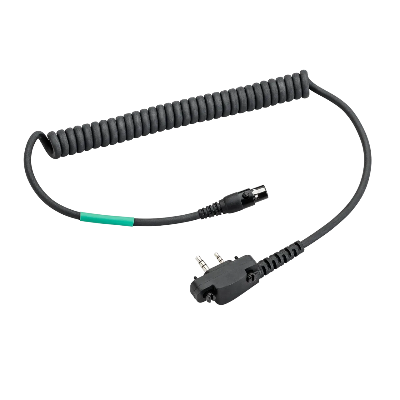 Coiled black audio cable with connectors