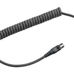Coiled black electronic cable with connector