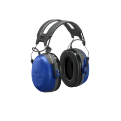 Blue protective ear muffs for noise reduction.