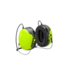 Bright green ear protection headphones with black padding.