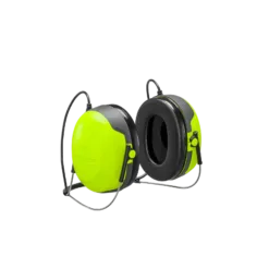 Bright green ear protection headphones with black padding.