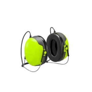 Bright green ear protection headphones with black padding.