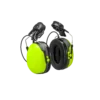 Bright green noise-canceling ear muffs close-up.
