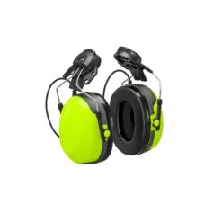 Bright green noise-canceling ear muffs close-up.