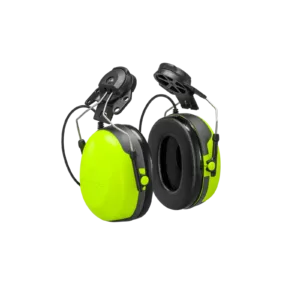 Bright green noise-canceling ear muffs close-up.