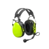 Noise-cancelling lime green safety earmuffs with microphone.