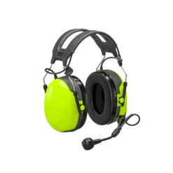 Noise-cancelling lime green safety earmuffs with microphone.