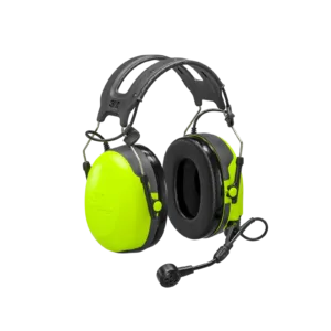 Noise-cancelling lime green safety earmuffs with microphone.