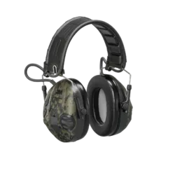 Camouflage noise-canceling headphones with adjustable headband.