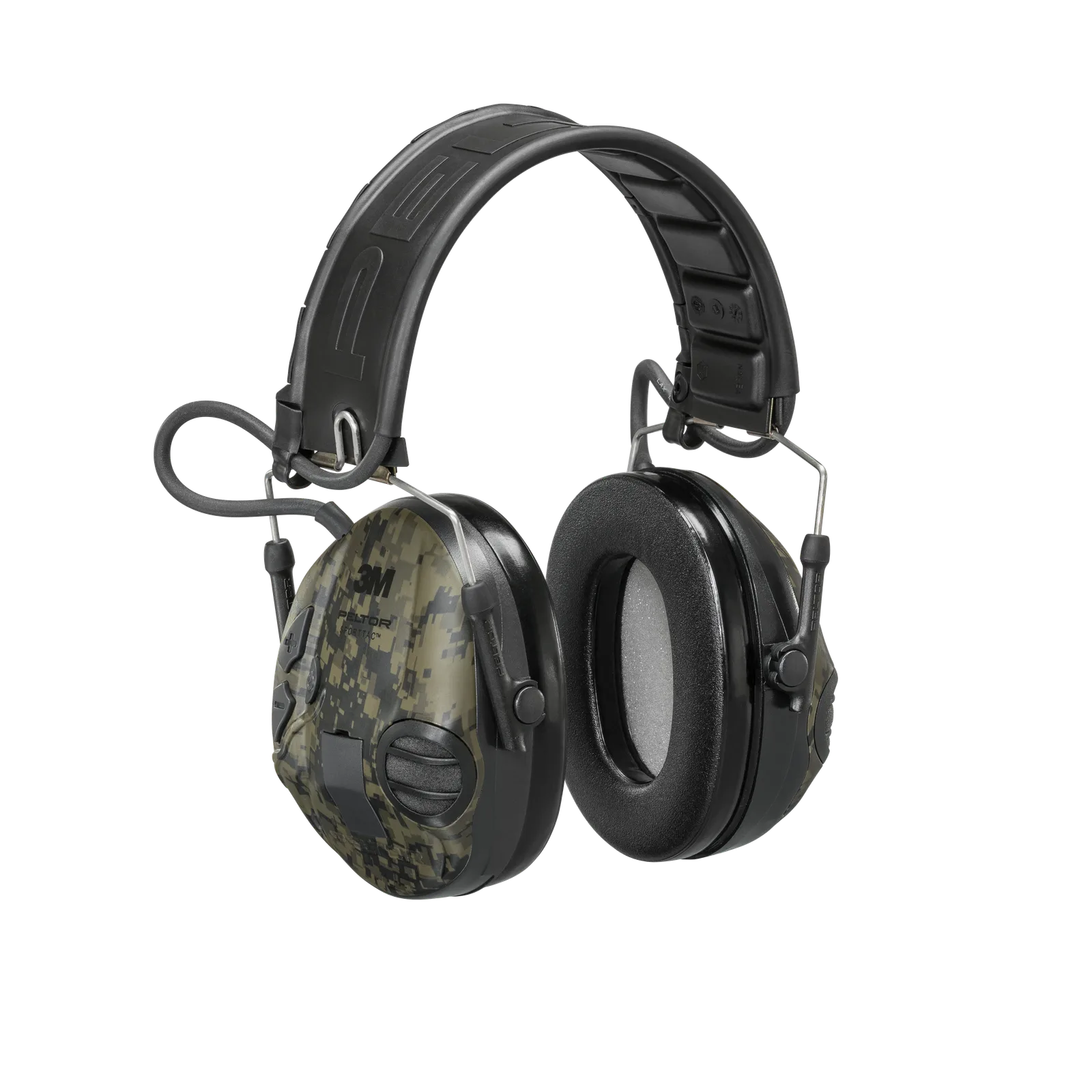 Camouflage noise-canceling headphones with adjustable headband.