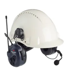Safety helmet with communication headset and microphone.