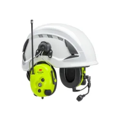 White safety helmet with communication headset