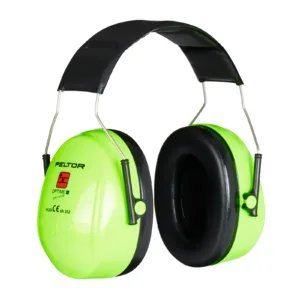Green noise-canceling earmuffs with black padding.