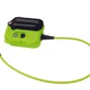 Green electronic device with attached audio cable.