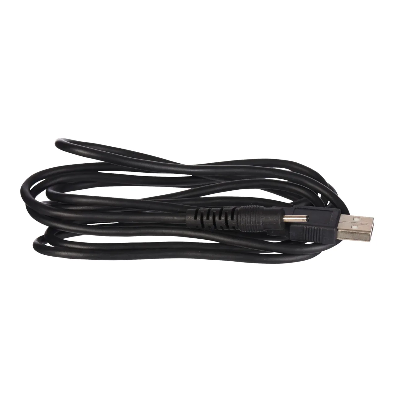 Black USB cable coiled on a white background.