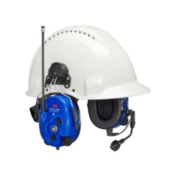 White hard hat with blue earmuffs and microphone