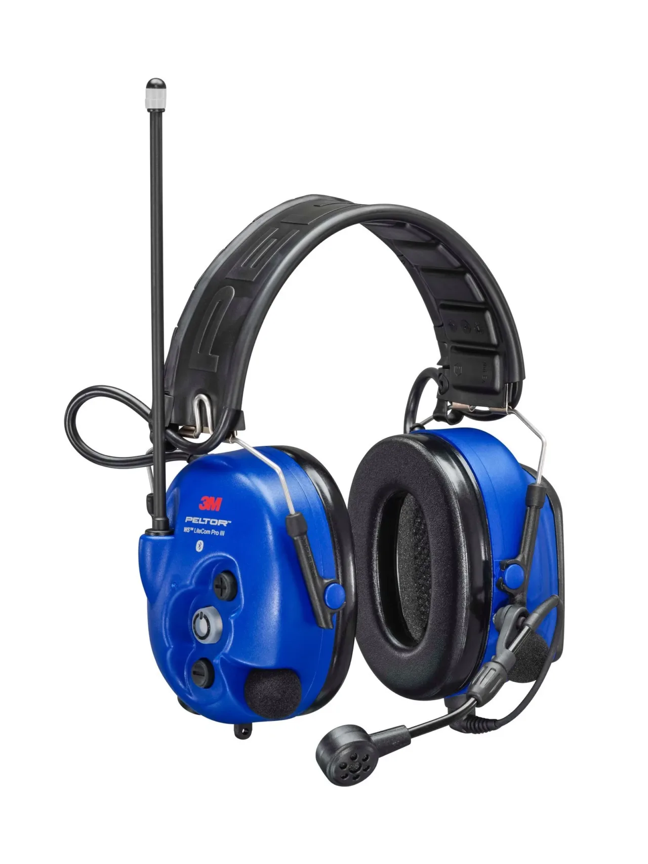 Blue noise-cancelling headphones with microphone and antenna.