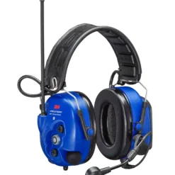Blue noise-cancelling headphones with microphone and antenna.