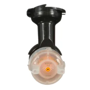Spray gun nozzle, black and orange, top view.