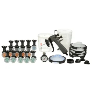Paint spray gun with accessories and containers