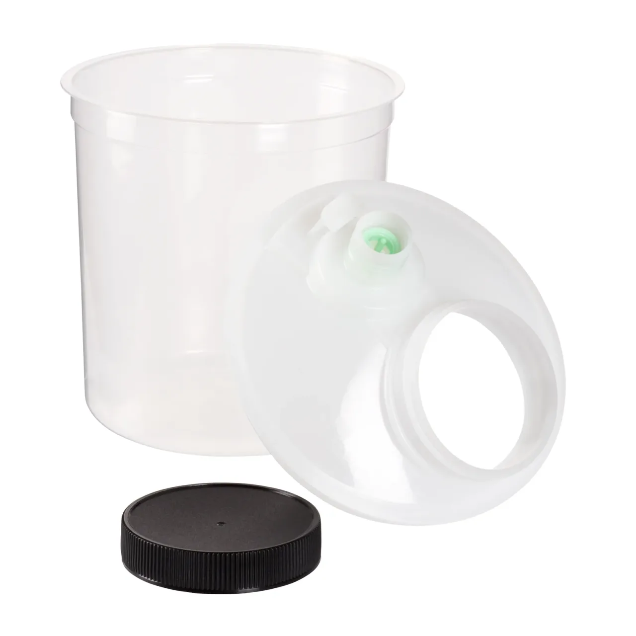 Open plastic container with lid and black cap.