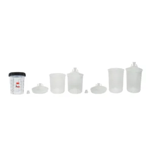 Assortment of 3M paint mixing cups and lids.