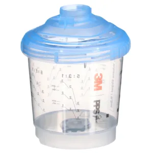 Clear 3M PPS paint cup with blue lid.