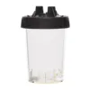 Plastic container with black lid and clear base.