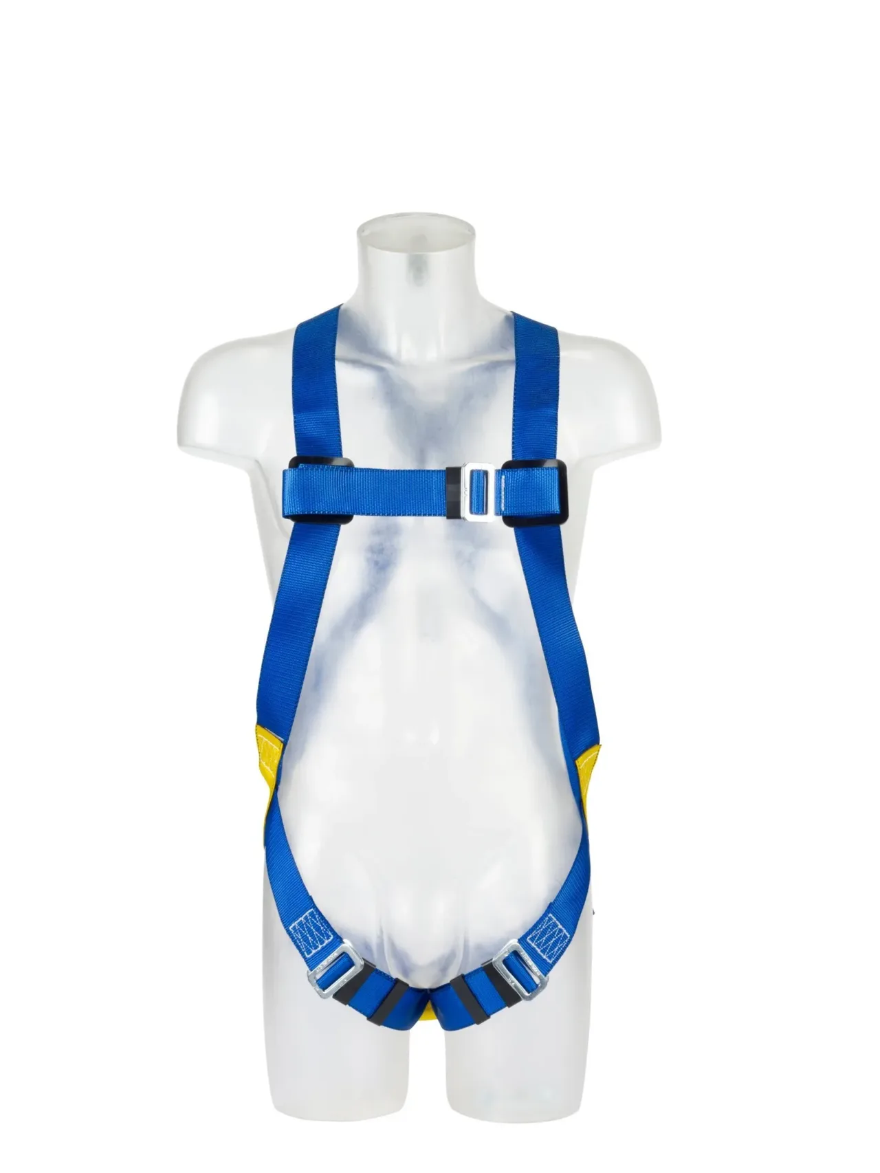 Blue safety harness on mannequin torso.