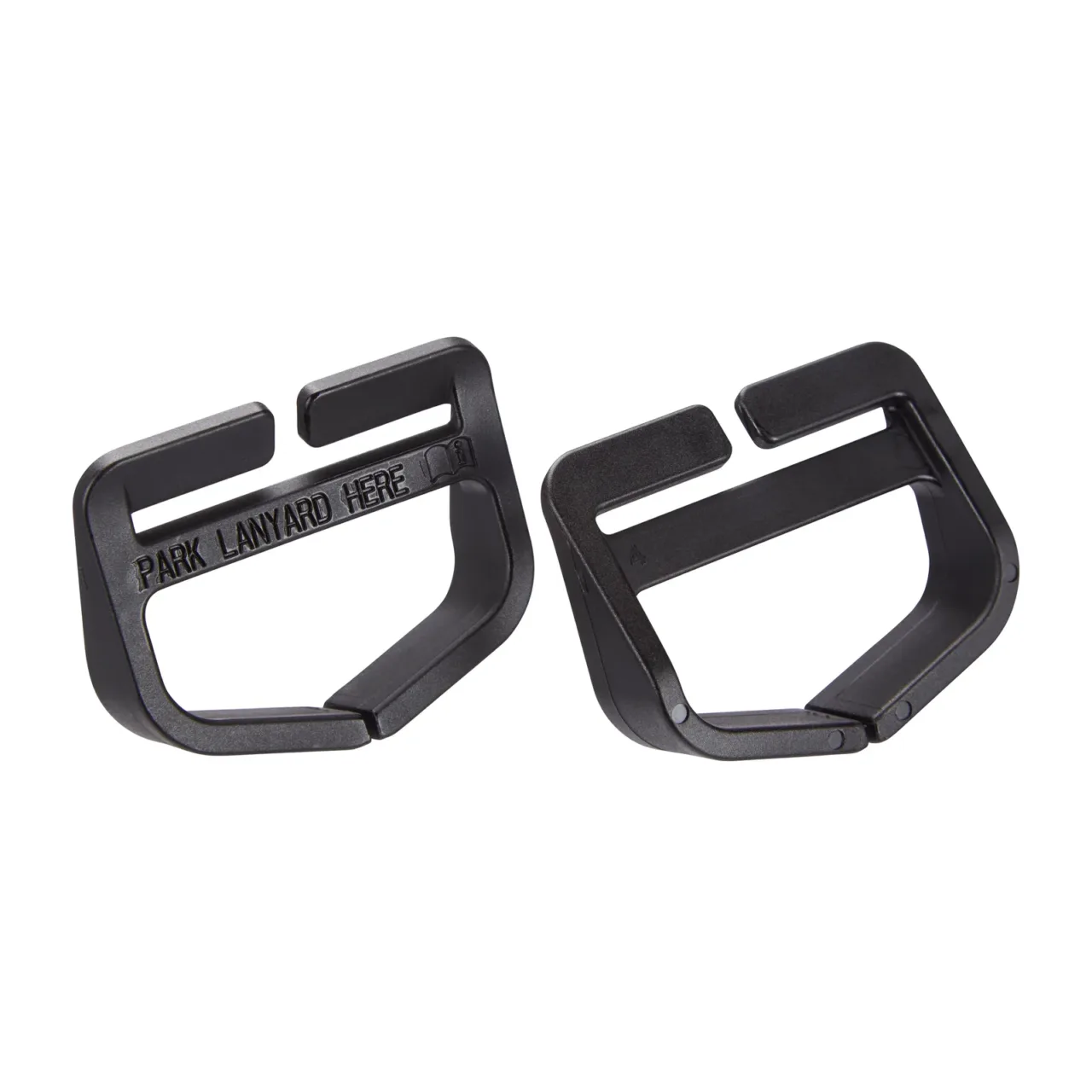 Black plastic clips for lanyards.